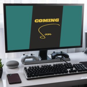 cImage depicting a 'Coming Soon' template displayed on a monitor screen, signaling the anticipation of an upcoming project or announcement