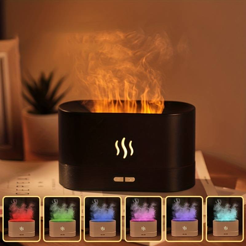 Colorful LED Flame Aroma Diffuser with USB power supply. Functions as a humidifier and decorative lamp for living room, office, or bedroom.