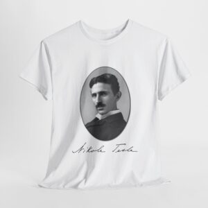 Nikola Tesla tribute T-shirt in various colors and designs featuring a classic crew neck and durable cotton fabric."