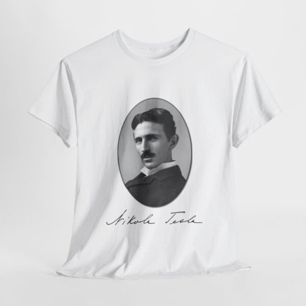 Nikola Tesla tribute T-shirt in various colors and designs featuring a classic crew neck and durable cotton fabric."