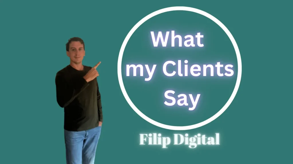 Filip pointing to the sentence "What my clients say," introducing testimonials