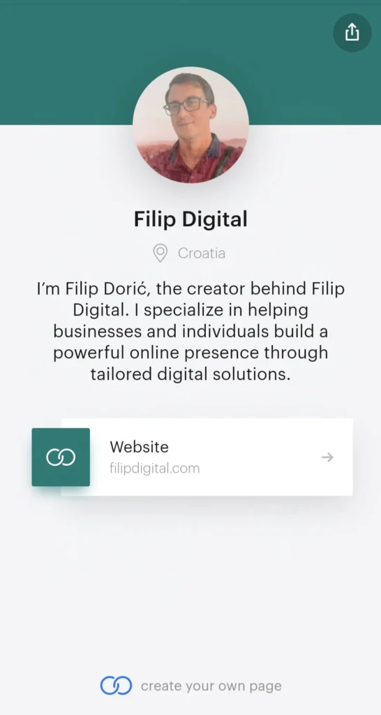 Filip Digital's Solo.to page with customized colors matching the brand’s identity.